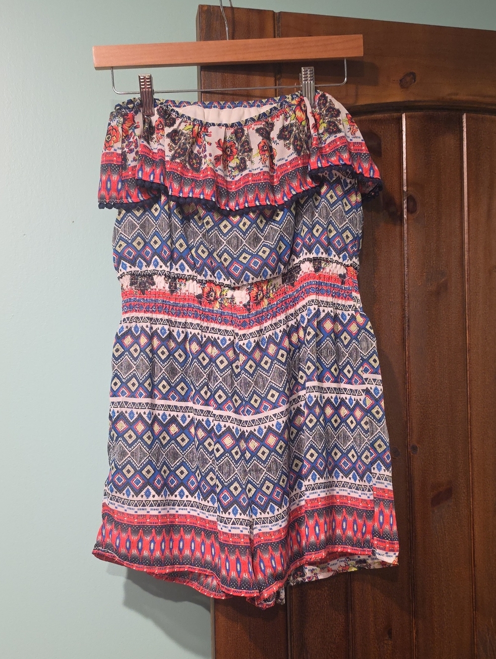 Jolt Blue & Pink Patterned Off-Shoulder Romper